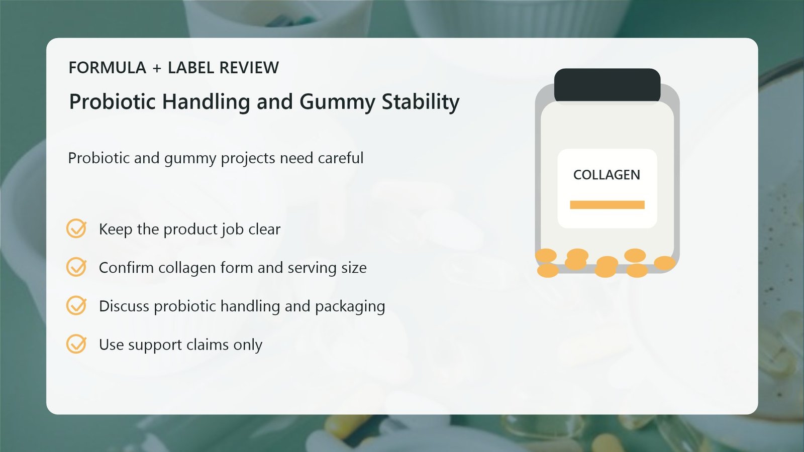 Probiotic gummy stability and handling visual for supplement manufacturing