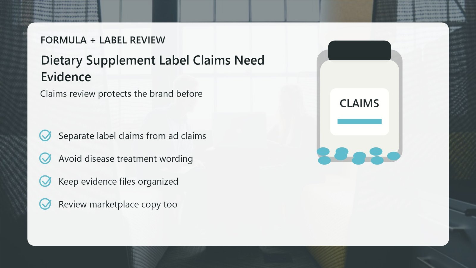 Dietary supplement label claims review visual for private label brands