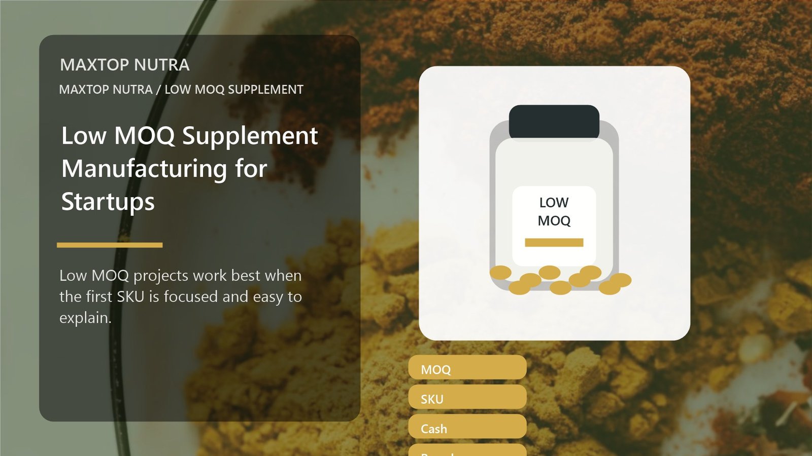 Low MOQ supplement manufacturing guide visual for startup brands