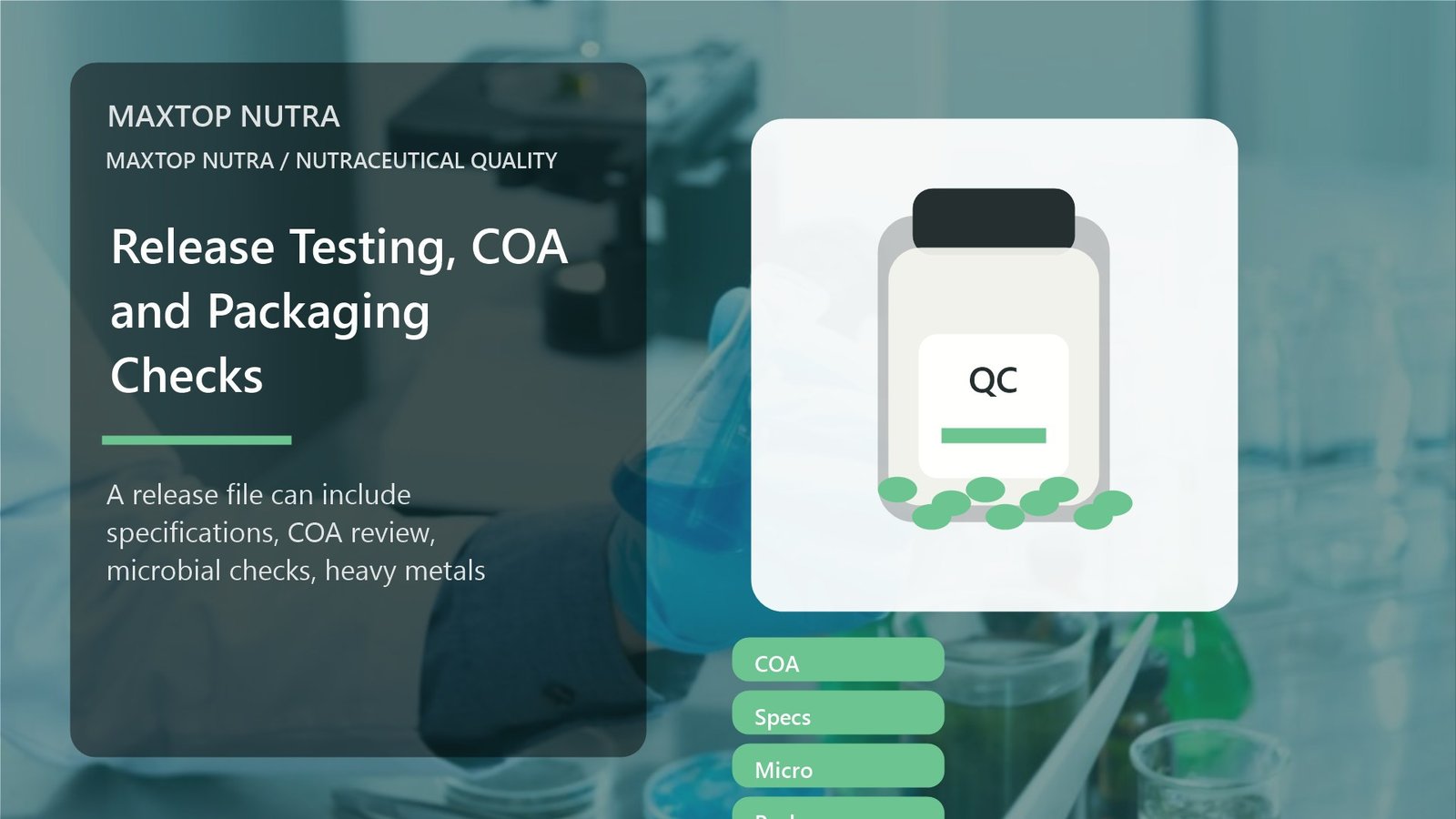 Supplement release testing COA and packaging inspection visual