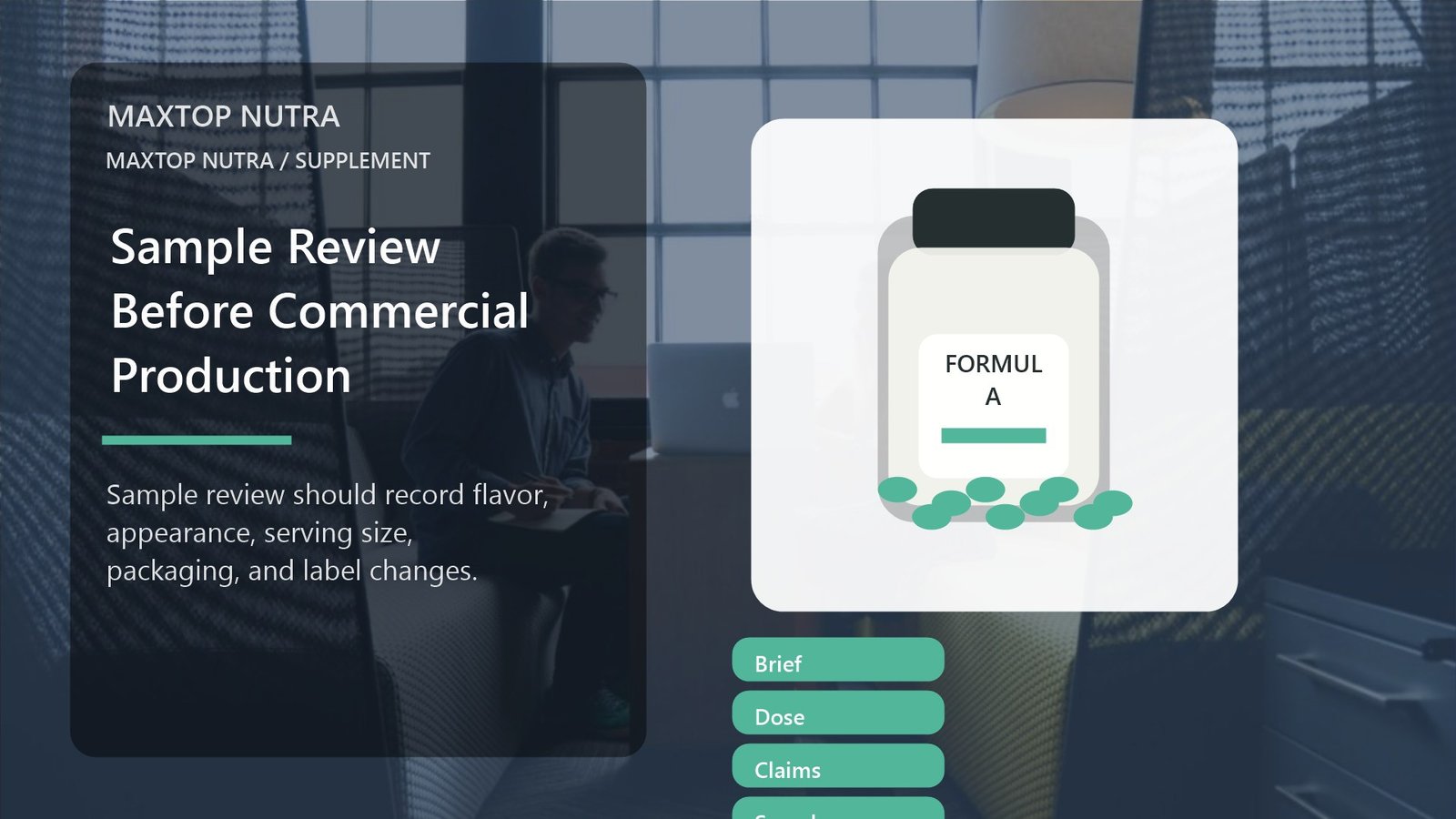 Sample review process visual for new supplement brand formulation